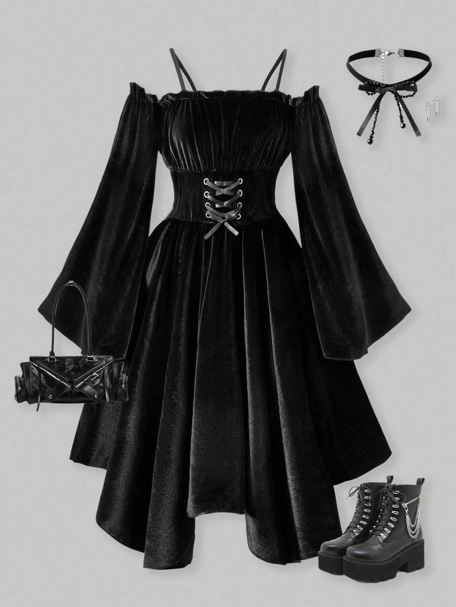 SHEIN ChillGRL Romweezy Girls Velvet Asymmetrical Off-Shoulder Backless Flare Sleeve Dress, Elegant Solid Color Suitable For Casual, Party, Holiday Wear In Autumn/Winter - Black - View 1