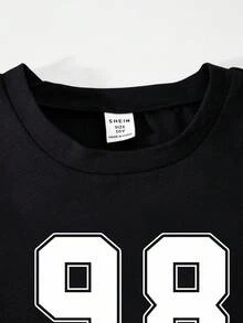 SHEIN Explorewe 2pcs/Set Setelan Kaos Lengan Raglan Hitam Putih dan Celana Kargo untuk Anak Perempuan Remaja, Desain Patchwork Motif Koboi Musim Gugur untuk Kembali ke Sekolah Musim Gugur Musim Dingin - Hitam - View 4