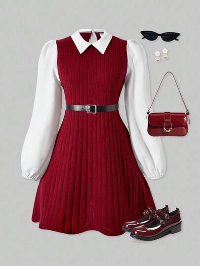 SHEIN ChillGRL Vestido corto casual de manga larga con estilo universitario y diseño de patchwork para adolescentes