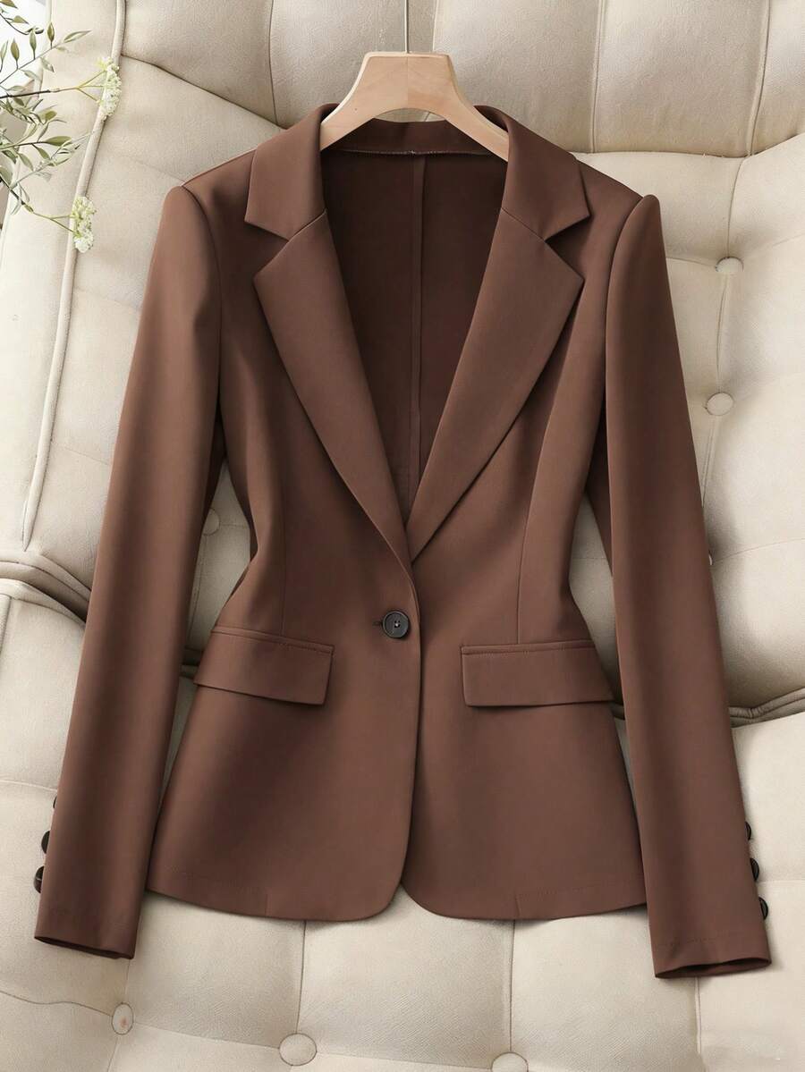 Franclia 女士休闲办公室通勤百搭深V领单扣修身后开衩春秋新款高端棕色西装外套，女士西装，女士外套，女士商务休闲服，秋装，返校，女士教师秋季服装 - 棕色 - 查看 1