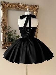 Lovelzi 优雅浪漫时尚黑色缎面水钻装饰露背礼服，适合派对、正式晚宴、婚礼宾客、黑色长裙、单身派对礼服、舞会礼服等场合。 - 黑色 - 查看 8