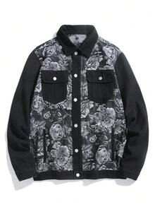 Chillumni Men's Black Autumn/Winter Washed  Loose Fit Jacquard Print Patchwork Black Rose Graphic Denim Jacket - Black - View 7
