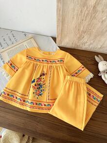 SHEIN 2pcs/Set Baby Girls' Casual Pattern Print Top And Pants Set, Suitable For Spring/Summer, Home, Outdoor, Holiday, Party, Daily Wear - Multicolor - View 5