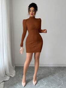 Elenzga فستان كنزة صوفية نسائي ذو رقبة عالية، أنيق وضيق الجسم، بنسيج مضلع وخصر مضلع