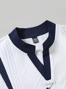 Manfinity Homme 男士骑士刺绣撞色长袖休闲宽松Polo衫，90年代运动风毛衣，男士网球Polo衫，针织衫 - 白色 - 查看 5