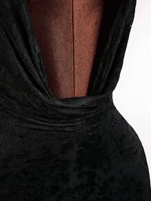 Y2K Amplova Women's Sexy Party Metallic Lace Plunging Draped Neck Mini Dress Suit, New Year Outfit, New Year Club Party Holiday Celebration Dress, Suitable For Party, Christmas, Autumn/Winter Lace Outfit Women Black Lace Bodysuit Black See Through Dress Sexy Women Clothes Lace 2 Piece Set - Black - View 9