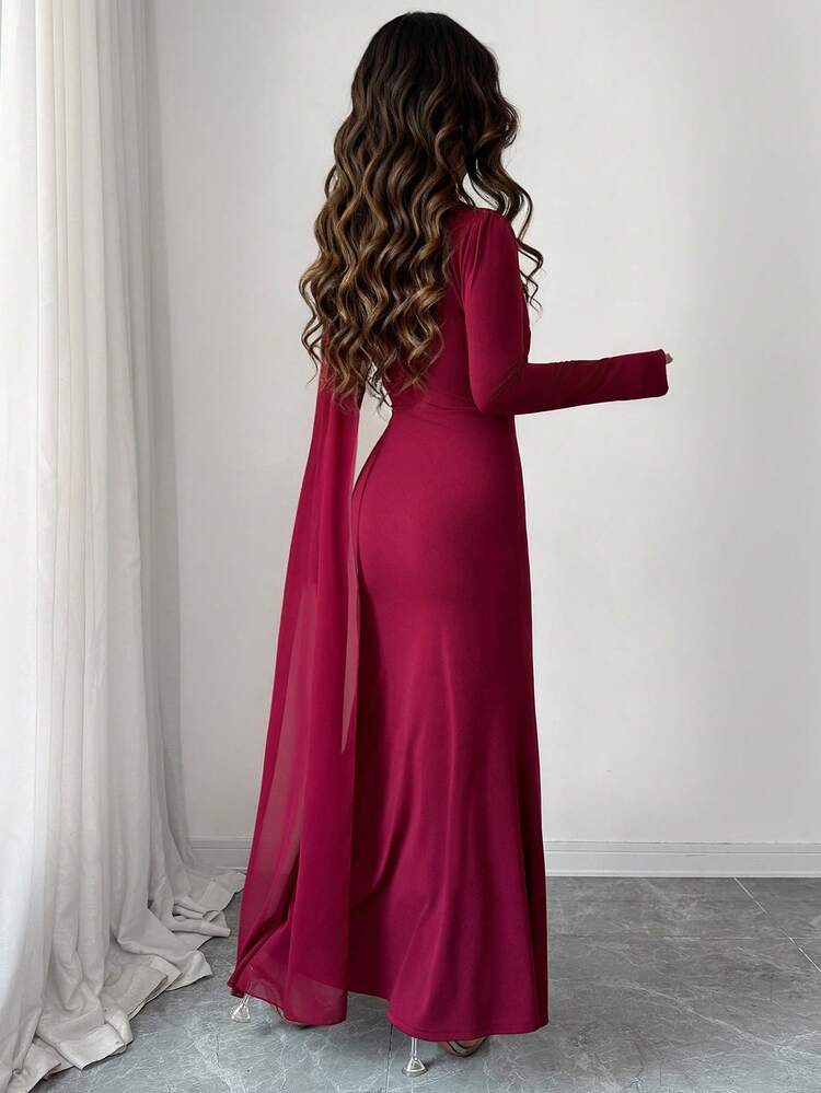 Rafferiza Elegant Party Beaded Decor Fitted Dress - Red - View 2