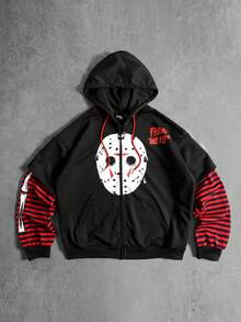 ROMWE MEN Friday the 13th X ROMWE Men's Patchwork Striped Mask Print Zip-Up Hooded Sweatshirt, Autumn - Black - View 1