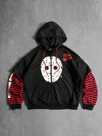 Friday the 13th X ROMWE Men's Patchwork Striped Mask Print Zip-Up Hooded Sweatshirt, Autumn