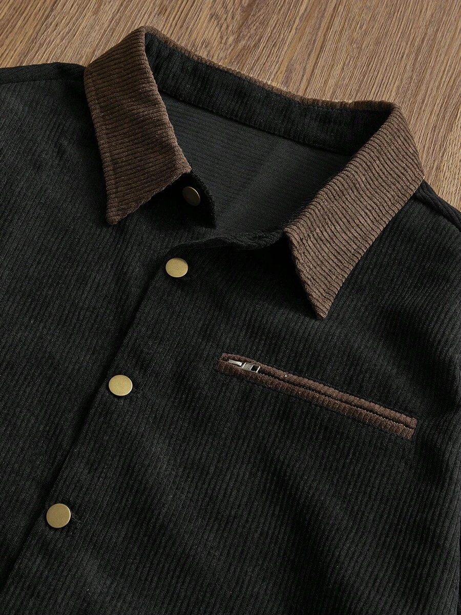 SWAVVY Men's Contrast Color Lapel Long Sleeve Single-Breasted Casual Shacket - Black - View 1