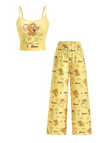 TOM & JERRY X SHEIN Women's Cute Cartoon Letter Print Cami Top And Elastic Waist Wide Leg Pants Pajama Set, Summer - Yellow - View 1
