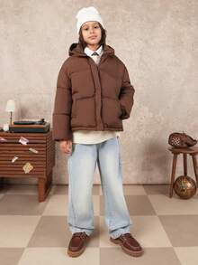 SUMWON Quilted Puffer Jacket With Hood And Ribbed Cuffs Winter Outerwear Vacation - Brown - View 3