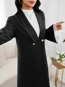 Al Najma Elegant Lapel Contrast Cuff Metal Button Cardigan Abayas - Black - View 5