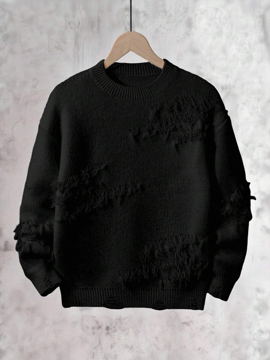 SHEIN Vacaura Y2K Tween Boys' Solid Color Round Neck Dropped Shoulder Distressed Scratch Casual Sweater, Autumn/Winter Black Sweater For Boys Boys Black Jumper Kids Ripped Sweater Distressed Knitwear For Kids Teen Boy Black Sweater Black Sweaters For Teens Boys Sweater 8 Years Old Boy Knitwear Black Jumper 8 12 Kids Big Sweater Fall Ripped Sweater For Youth Boys Knit Sweater - Black - View 1