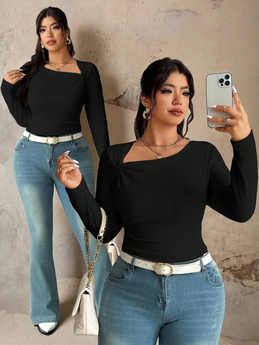 Roveilla Áo thun tay dài xếp ly cổ chéo vải gân trơn màu cỡ lớn dành cho nữ, dáng ôm, mặc nhiều lớp, mùa xuân/thu/đông - màu đen - Xem 1