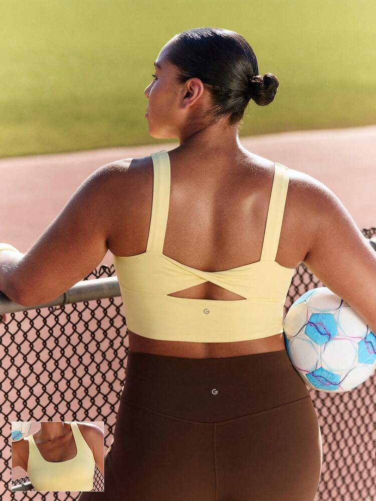 FeatherFit™-Sculpt Sujetador deportivo de cuello cuadrado con copa extraíble, espalda con nudo, de tela elástica y suave, para talla grande, de bajo impacto, para yoga, estudio y uso diario casual