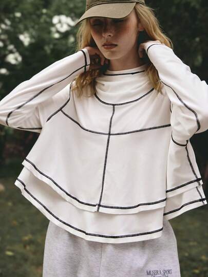 Medorelle Women's Casual Loose Fit Colorblock Round Neck Long Sleeve Top Stand - Up Collar Color - Block Cropped Sunscreen Jacket, Lightweight And Breathable Sunscreen Shirt Fleece Cozy Soft Ribbed Cuffs Hem Thumbholes Detachable Hood Cropped Zip-Up Sweatshirt Daily Casual Wear White And Black Top Modest Tops Cotton Clothing Woman Double Lined Top Top With Black Stitching White Long Sleeve Top