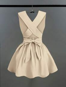 Franclia 女士浪漫优雅性感婚礼宾客纯色交叉 V 领无袖 A 字迷你连衣裙，演唱会服装百搭设计，适合海滩、派对、春夏口袋晚礼服露背奶油黄短裙 - 杏色 - 查看 2