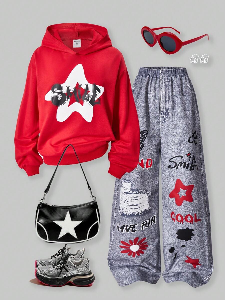 SHEIN ChillGRL Set de 2 piezas: Sudadera con capucha y pantalones estampados para adolescentes - Multicolor - Ver 1