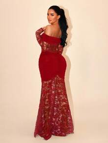 Sirith 女士优雅性感蕾丝拼接露肩连衣裙 - 紅色 - 查看 2