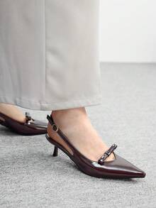 CUCCOO BIZCHIC 女士优雅时尚咖啡色PU尖头蝴蝶结镂空细高跟凉鞋 - 咖啡棕 - 查看 4