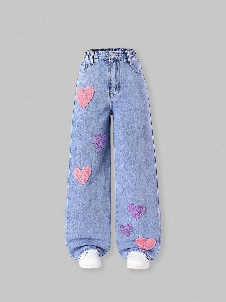 SHEIN ChillGRL Tween Girl 复古彩色刺绣休闲宽松舒适洗水浅蓝色牛仔阔腿裤 - 中等水洗藍 - 查看 1