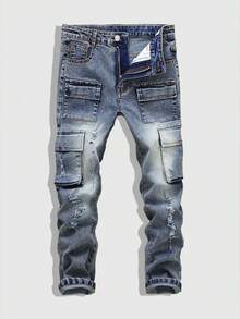 SHEIN Tween Boys Vintage Street-Style Ripped Distressed Multi-Pocket Elastic Fitted Denim Cargo Pants, School, Campus, College Summer Holiday,Unisex - Medium Wash - View 3