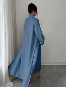 Elenzga Conjunto de punto minimalista de diseño de nicho con cuello cruzado de unicolor elegante, vestido ajustado de cuello halter, cárdigan largo de unicolor de estilo vintage minimalista, adecuado para ir al trabajo y salir - Azul - Ver 2