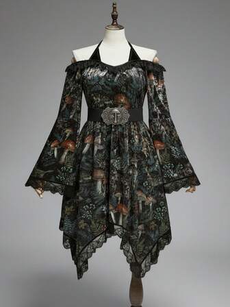 Goth Mushroom & Plant Pattern Velvet & Lace Patchwork Off Shoulder Asymmetrical Hem Plus Size Women Flare Sleeve Dress/Winter