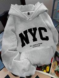 SHEIN MOOSTA 플러스플러스 사이즈 걸 슬로건 레터 'NYC ALL GIRLS TEAM SPORTS CLUB' 도시 이름 그래픽 프린트 써멀 드로스트링 후드 졸업, 개학, 졸업, 교사, 개학 풀오버 가을 겨울 가을