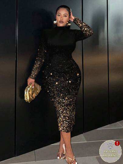 Slaydiva Vestido maxi de manga larga, cuello redondo, ajustado y de talla grande con estampado de brillo dorado, adecuado para fiestas