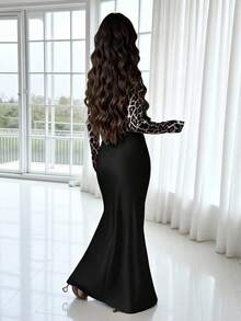 Rafferiza Women's Autumn Leopard Print Bodycon Mock Neck Long Sleeve Fishtail Dress,Elegant & Black Night Out Long Dresses For Holiday Parties - Black - View 2