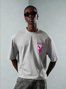 PLAYBOY X SUMWON Áo thun crop top cỡ lớn in logo lớn ở lưng và ngực - Xám - Xem 7