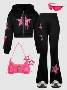 SHEIN ChillGRL 2pcs/Set Tween Girl Casual Zip-Up Hoodie With Star Print And Pants Set - Black - View 6