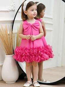 Elladie kids Baby Girls' Elegant Sleeveless Bow Decor Ruffle Mesh Hem Dress, Spring/Summer - Pink - View 4
