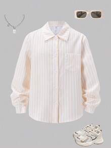 SHEIN ChillGRL Tween Girls ME 宽松休闲甜美可爱背部图案条纹长袖衬衫，适合日常、通勤、休闲、与朋友聚会 - 黃色 - 查看 2