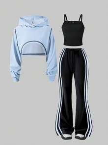 SHEIN ChillGRL 三件套街头酷炫女童套装：长袖短款连帽衫、吊带背心和休闲针织喇叭裤，适合日常休闲穿着和时尚派对，春秋季，YK2 服装 - 藍色 - 查看 5