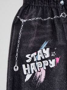SHEIN ChillGRL Tween Girls 秋季服装休闲百搭日常涂鸦图案连帽短款卫衣 + 牛仔外观涂鸦印花宽松裤套装，常规厚度适合春秋季休闲、运动、度假 - 白色 - 查看 4