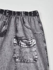 SHEIN ChillGRL Tween 女童炫酷百搭印花针织阔腿裤，时尚长裤，适合春夏秋季 - 黑色 - 查看 7