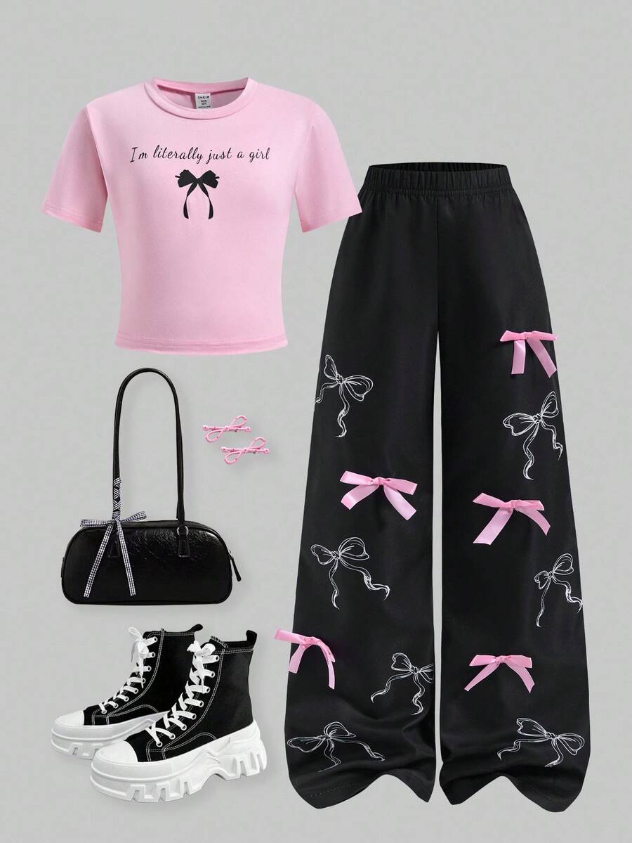 SHEIN ChillGRL 青少年女孩标语蝴蝶结印花圆领短袖T恤和阔腿裤休闲装 - 黑色 - 查看 1