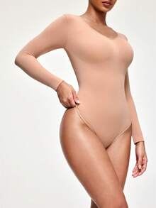 SHAPORA 女士纯色V领长袖连体衣 - 杏色 - 查看 3