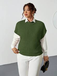 Firerie Atasan Rajut Kasual Lengan Pendek Kerah Tegak Model Batwing Warna Polos untuk Wanita Ukuran Plus, Cocok untuk Musim Semi hingga Musim Panas - Hijau - View 8