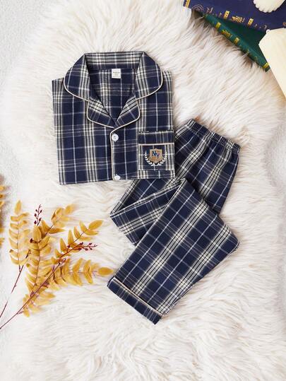 2pcs/Set Vintage Plaid Cardigan & Pants Casual Comfortable Homewear For Tween Boys