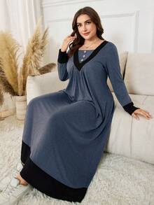Lacomfia Plus Size Color Block Loose A-Line Dress With Decorative Buttons - Blue - View 5