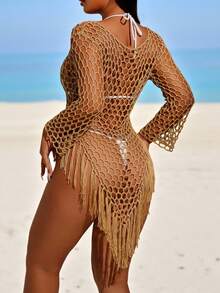 Swim SXY Summer Beach Women's Fashionable Hollow Out Long Sleeve Fringed Cover Up - Khaki - View 2