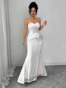 Selianne Satin Strapless Formal Dress, Lace Waist Cincher, Fishtail Hem, Sexy French Elegant Luxurious Party/Date Dress, Slim-Fitting White Gown With Satin Ribbon, Floor-Length Dress