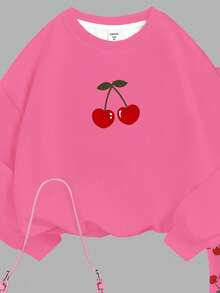 SHEIN Leap Crew 可爱迷你樱桃印花，少女针织圆领宽松卫衣和喇叭裤两件套，休闲校园运动风，适合户外野餐、郊游、街头风和居家穿着。 - 彩色 - 查看 4