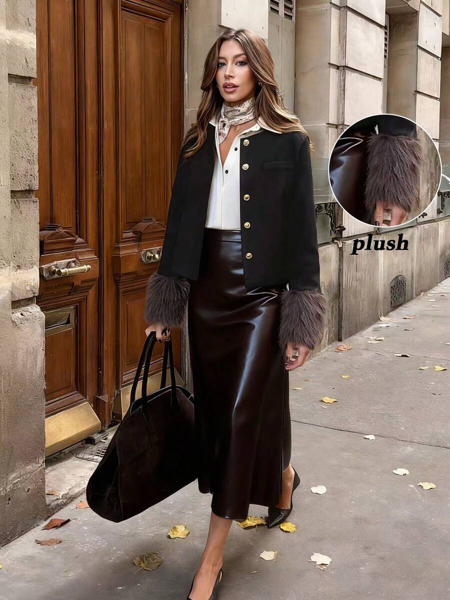SHEIN PariChic Women's Black Wool Blend Overcoat With Faux Fur Cuff Detail Leather Leather Overcoat For Women - Black - View 1