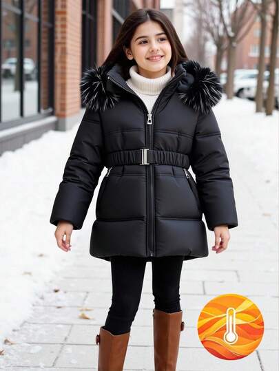 SHEIN Young Girl Casual Hooded Padded Coat With Fur Collar, Elastic Waist Belt, Pockets And Zipper Design, Loose Fit, Comfortable For Autumn/Winter, Suitable For Daily, Commute, Outdoor Play, Party And Photo Shoot