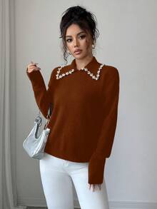 SHEIN Elenzya Aniusta 女士秋冬休闲上衣，适合度假、独立日、劳动节、哥伦布日、感恩节、情人节、复古风、斯德哥尔摩风、图卢姆风、韩版风、优雅百搭、学生装、教师装、哥特风、办公室装、商务休闲装、返校季等场合，黑色针织衫，领口饰有装饰。 - 紅木色 - 查看 4